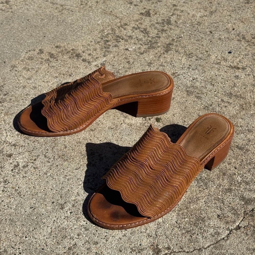 Frye Tan Scalloped Heeled Mules